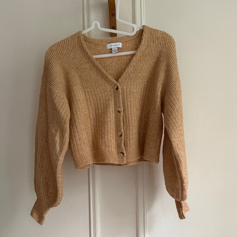 Topshop Camel Ribbed Cropped Cardigan